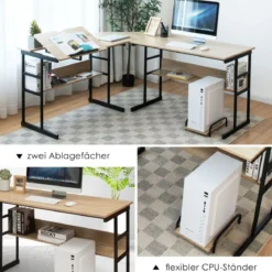L-förmiger Schreibtisch mit neigbarer Tischplatte unterem Bücherregal & CPU-Ständer Zeichentisch Computertisch 170 x 150 x 75 cm