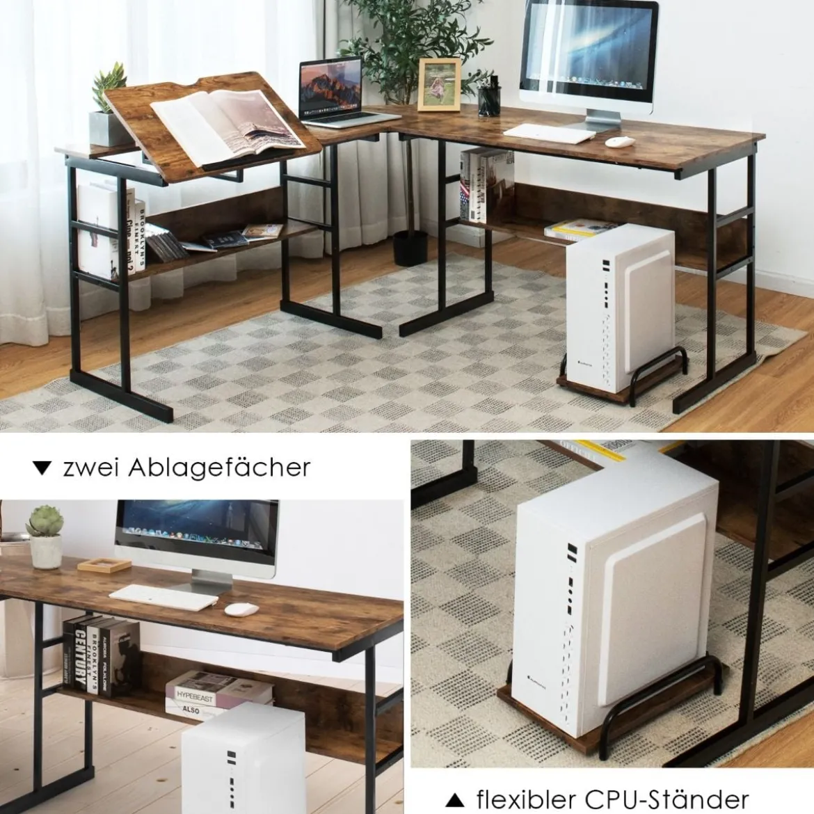 L-förmiger Schreibtisch mit neigbarer Tischplatte unterem Bücherregal & CPU-Ständer Zeichentisch Computertisch 170 x 150 x 75 cm
