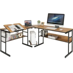 L-förmiger Schreibtisch mit neigbarer Tischplatte unterem Bücherregal & CPU-Ständer Zeichentisch Computertisch 170 x 150 x 75 cm