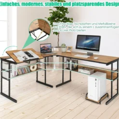 L-förmiger Schreibtisch mit neigbarer Tischplatte unterem Bücherregal & CPU-Ständer Zeichentisch Computertisch 170 x 150 x 75 cm
