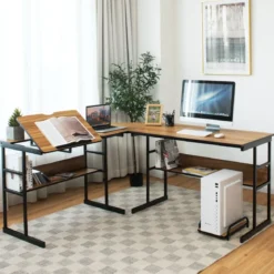 L-förmiger Schreibtisch mit neigbarer Tischplatte unterem Bücherregal & CPU-Ständer Zeichentisch Computertisch 170 x 150 x 75 cm