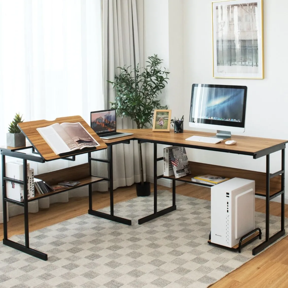 L-förmiger Schreibtisch mit neigbarer Tischplatte unterem Bücherregal & CPU-Ständer Zeichentisch Computertisch 170 x 150 x 75 cm