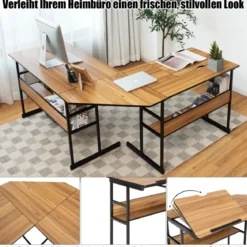 L-förmiger Schreibtisch mit neigbarer Tischplatte unterem Bücherregal & CPU-Ständer Zeichentisch Computertisch 170 x 150 x 75 cm