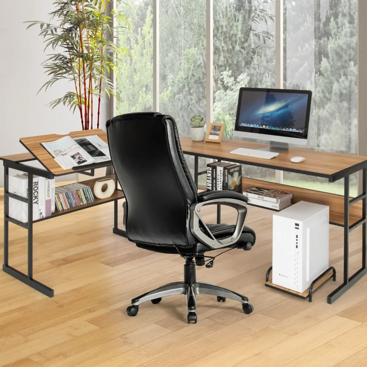 L-förmiger Schreibtisch mit neigbarer Tischplatte unterem Bücherregal & CPU-Ständer Zeichentisch Computertisch 170 x 150 x 75 cm