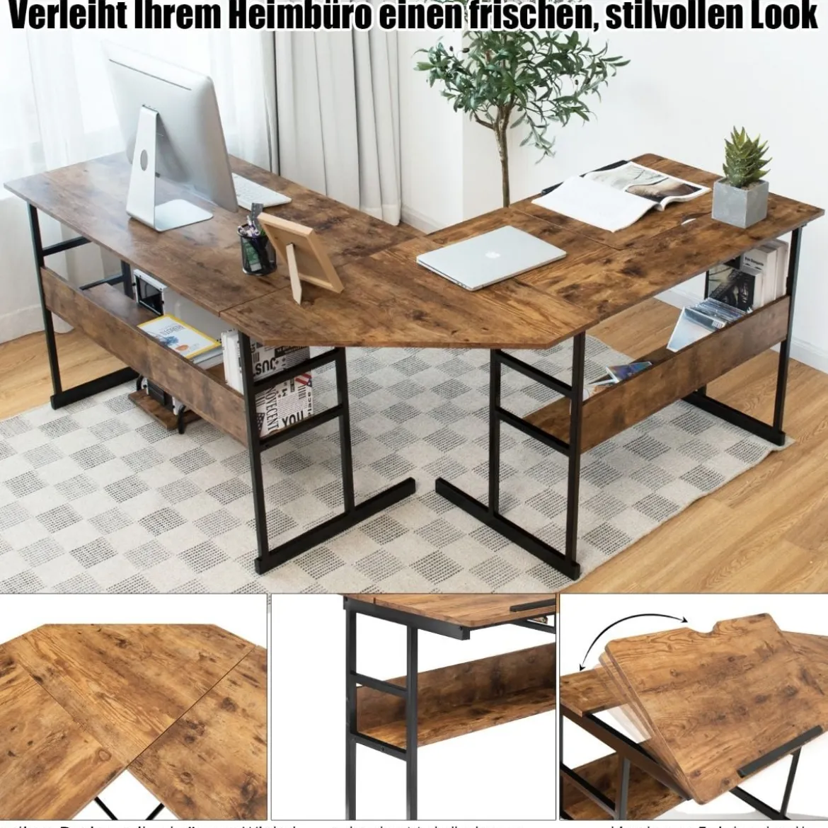 L-förmiger Schreibtisch mit neigbarer Tischplatte unterem Bücherregal & CPU-Ständer Zeichentisch Computertisch 170 x 150 x 75 cm