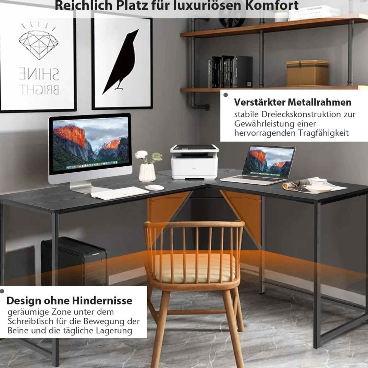 L-förmiger Schreibtisch mit Runder Ecke Moderner Computertisch 148 × 120 × 75 cm Schwarz