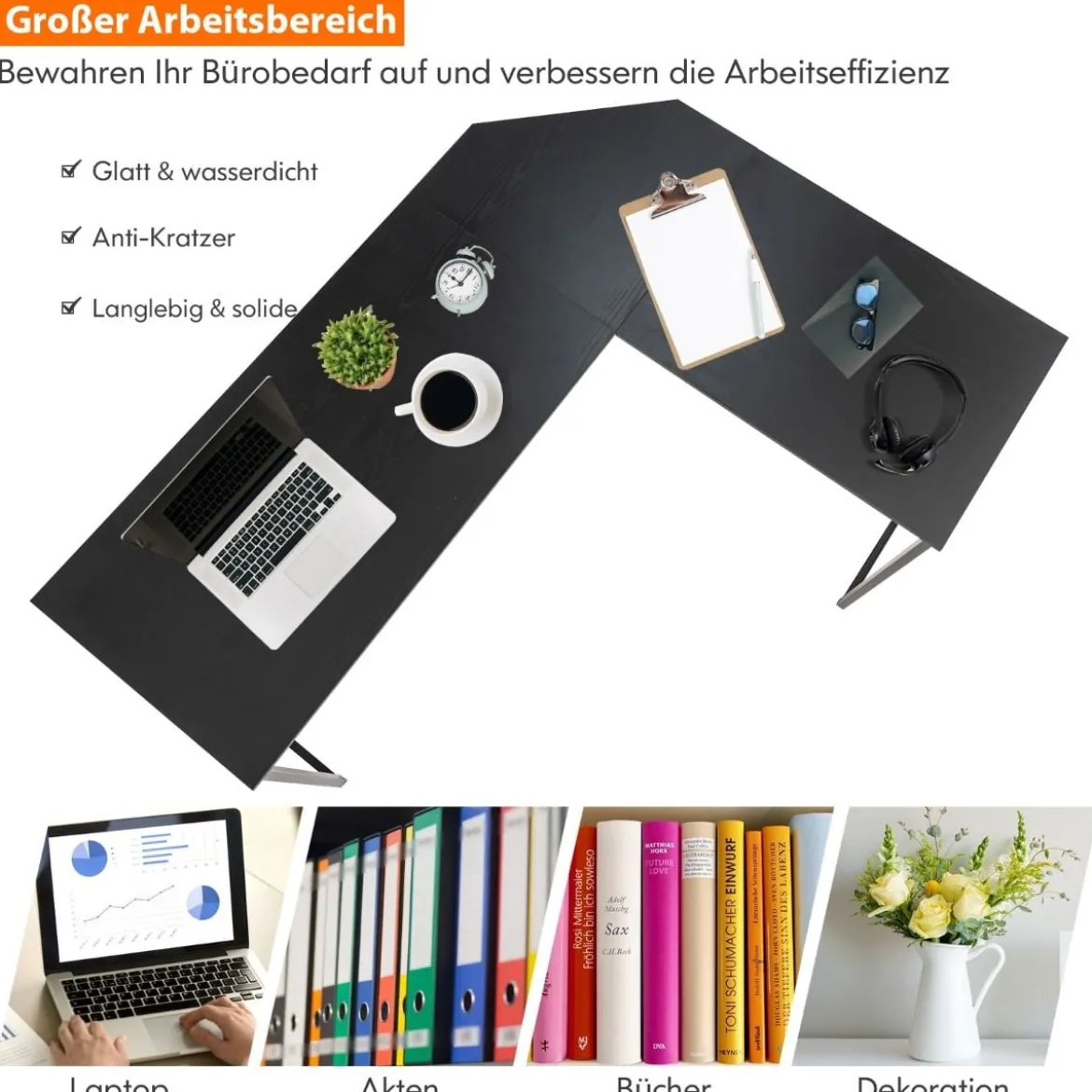 L-förmiger Schreibtisch mit Runder Ecke Moderner Computertisch 148 × 120 × 75 cm Schwarz