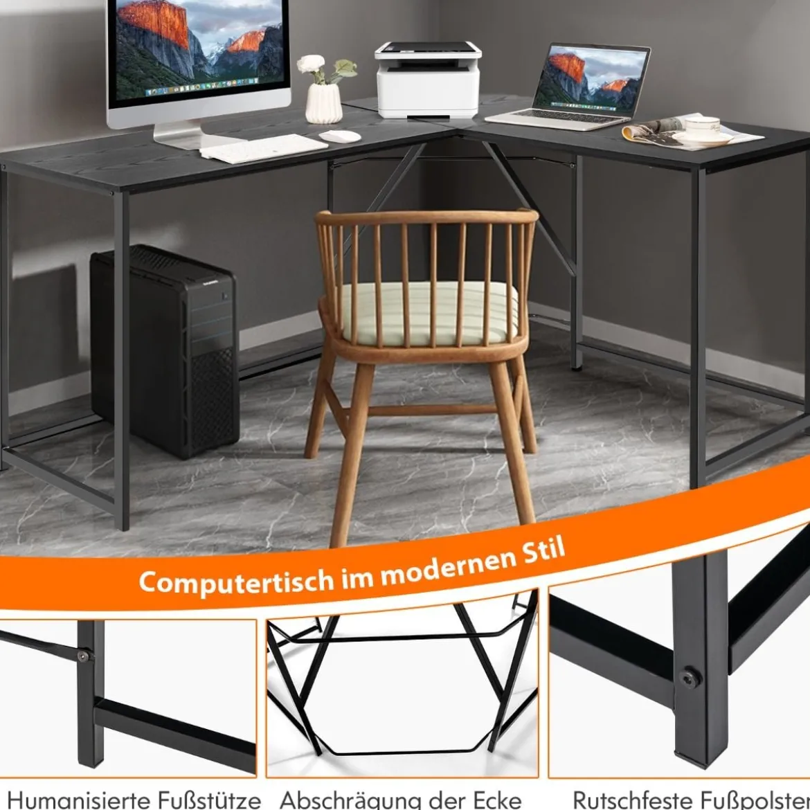 L-förmiger Schreibtisch mit Runder Ecke Moderner Computertisch 148 × 120 × 75 cm Schwarz