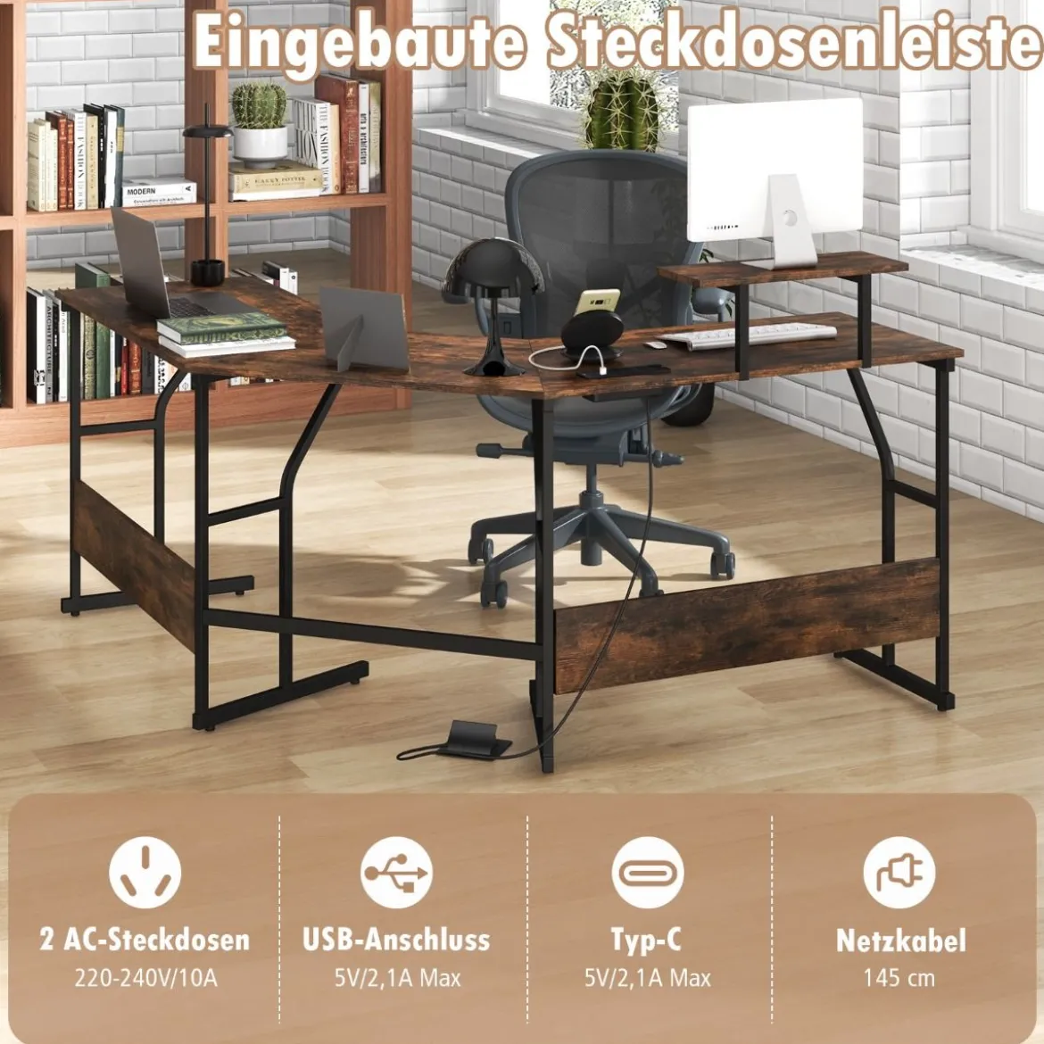 L-förmiger Schreibtisch mit Steckdose & Beweglichem Monitorständer Eck Computertisch