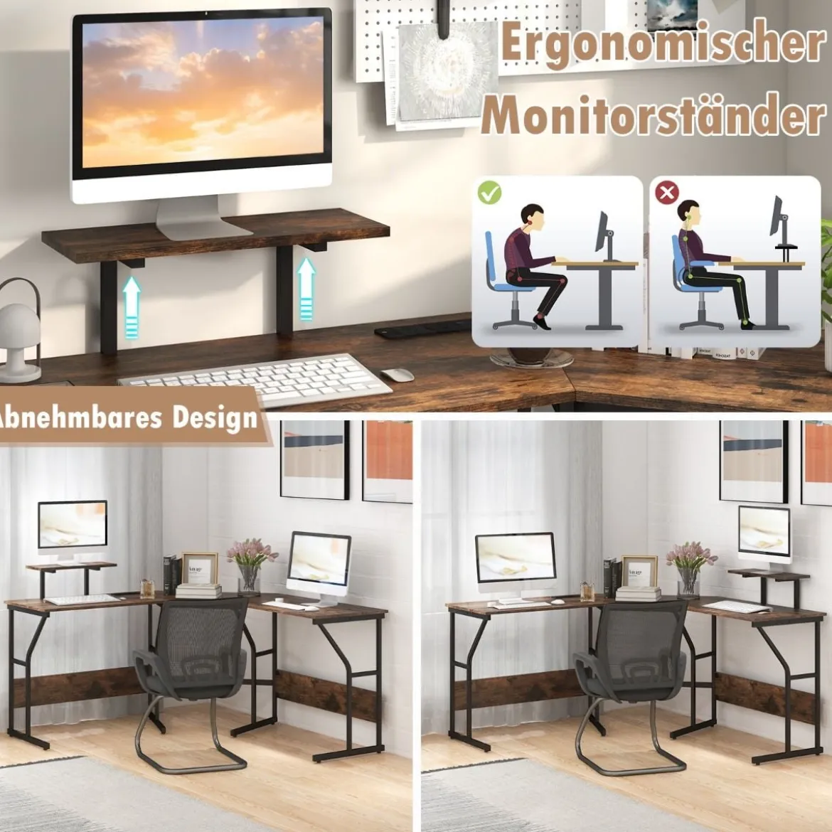 L-förmiger Schreibtisch mit Steckdose & Beweglichem Monitorständer Eck Computertisch