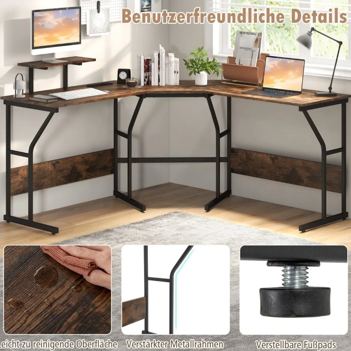 L-förmiger Schreibtisch mit Steckdose & Beweglichem Monitorständer Eck Computertisch