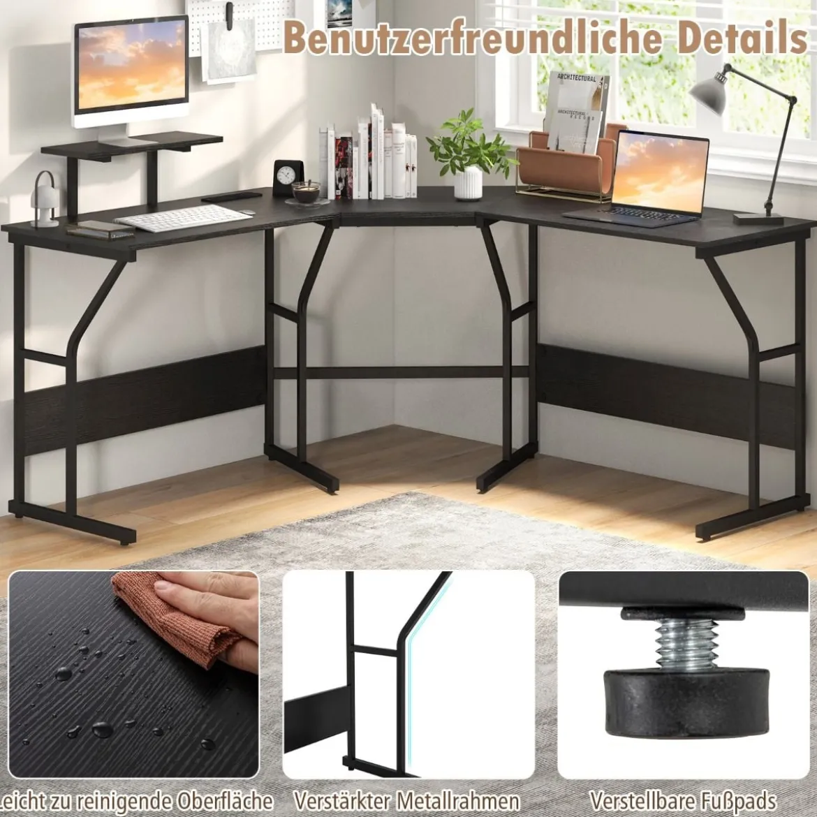 L-förmiger Schreibtisch mit Steckdose & Beweglichem Monitorständer Eck Computertisch