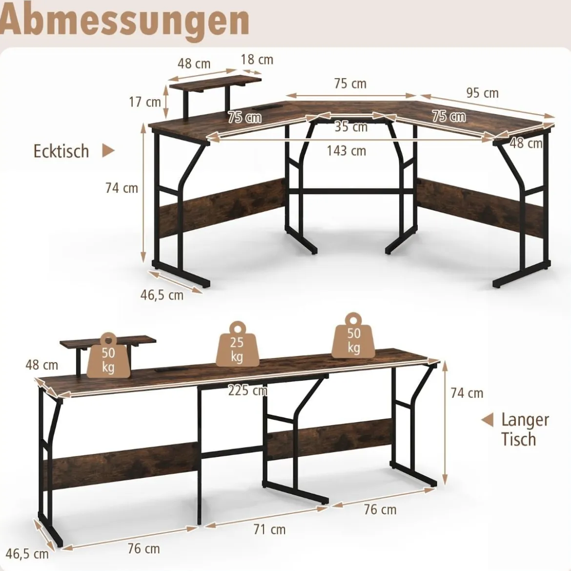 L-förmiger Schreibtisch mit Steckdose & Beweglichem Monitorständer Eck Computertisch