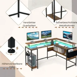 L-förmiger Schreibtisch mit Steckdosen & LED-Beleuchtung & Monitorständer Eckschreibtisch