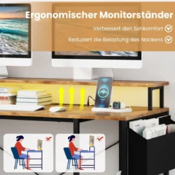 L-förmiger Schreibtisch mit Steckdosen & LED-Beleuchtung Gaming Computertisch Schwarz/Rustikales Braun