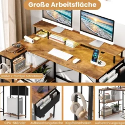 L-förmiger Schreibtisch mit Steckdosen & LED-Beleuchtung Gaming Computertisch Schwarz/Rustikales Braun