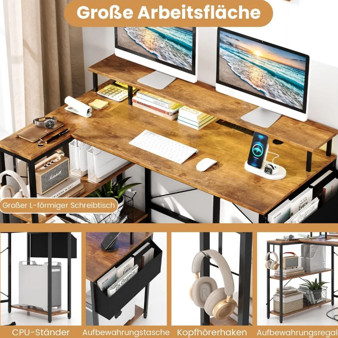 L-förmiger Schreibtisch mit Steckdosen & LED-Beleuchtung Gaming Computertisch Schwarz/Rustikales Braun