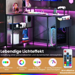 L-förmiger Schreibtisch mit Steckdosen & LED-Beleuchtung Gaming Computertisch Schwarz/Rustikales Braun
