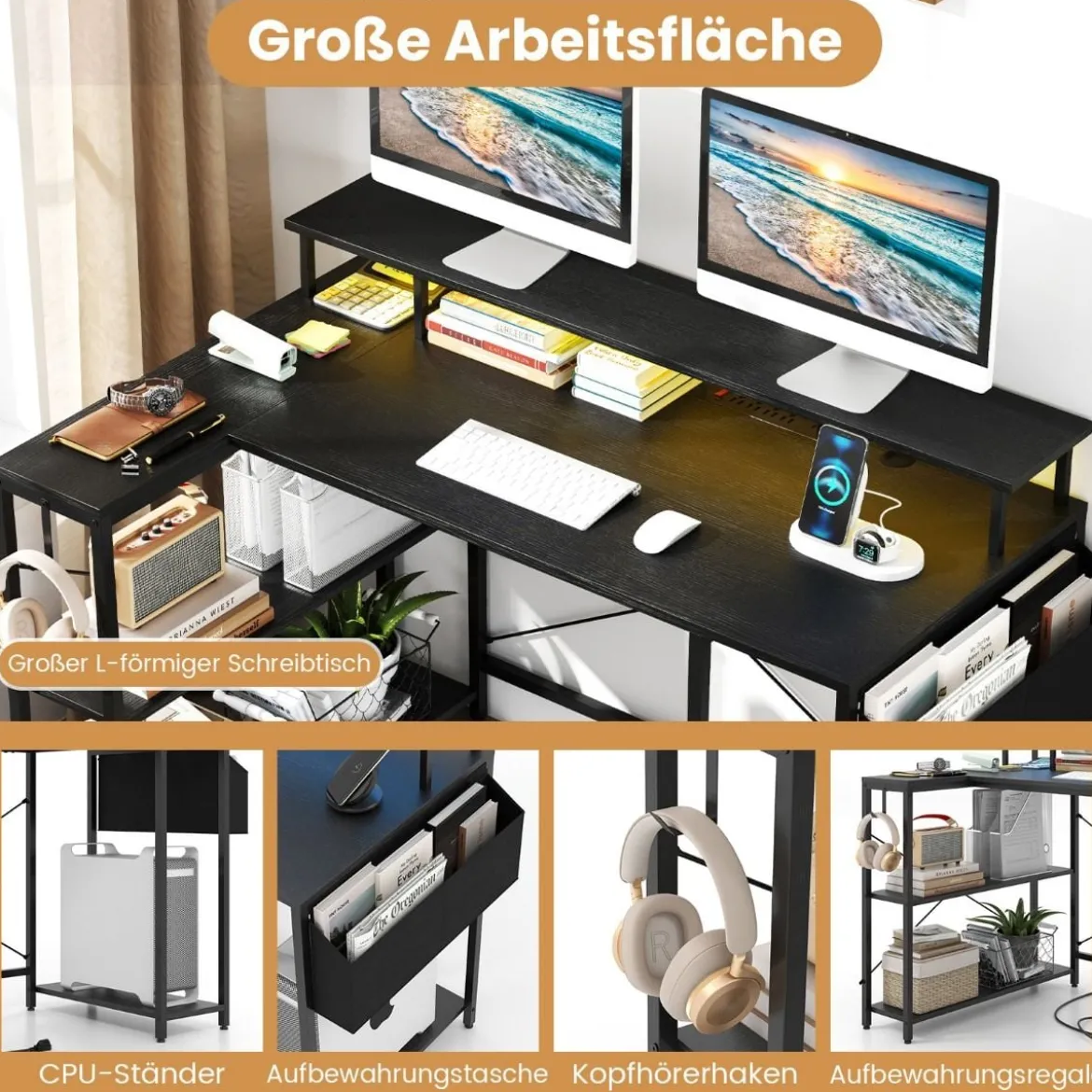 L-förmiger Schreibtisch mit Steckdosen & LED-Beleuchtung Gaming Computertisch Schwarz/Rustikales Braun