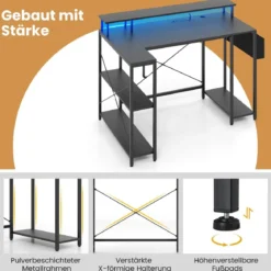 L-förmiger Schreibtisch mit Steckdosen & LED-Beleuchtung Gaming Computertisch Schwarz/Rustikales Braun