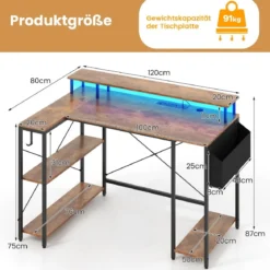 L-förmiger Schreibtisch mit Steckdosen & LED-Beleuchtung Gaming Computertisch Schwarz/Rustikales Braun