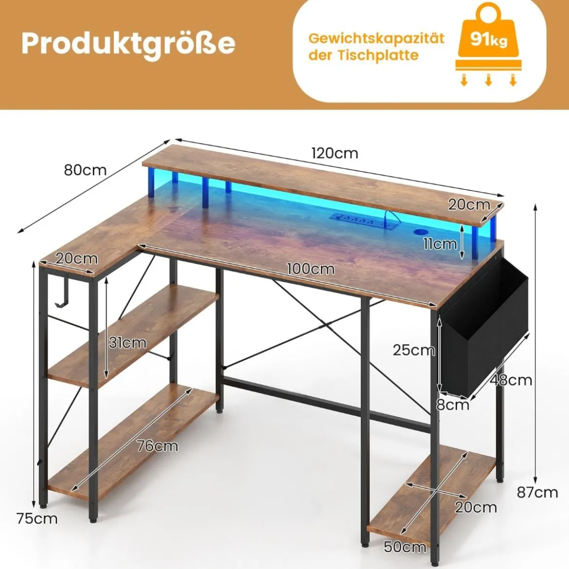 L-förmiger Schreibtisch mit Steckdosen & LED-Beleuchtung Gaming Computertisch Schwarz/Rustikales Braun