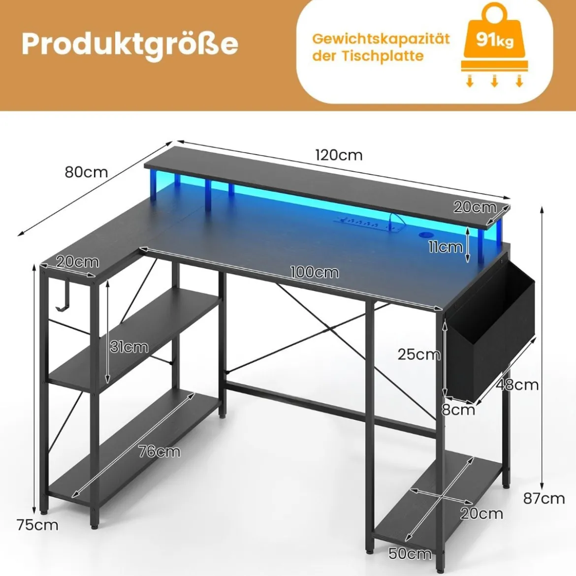 L-förmiger Schreibtisch mit Steckdosen & LED-Beleuchtung Gaming Computertisch Schwarz/Rustikales Braun
