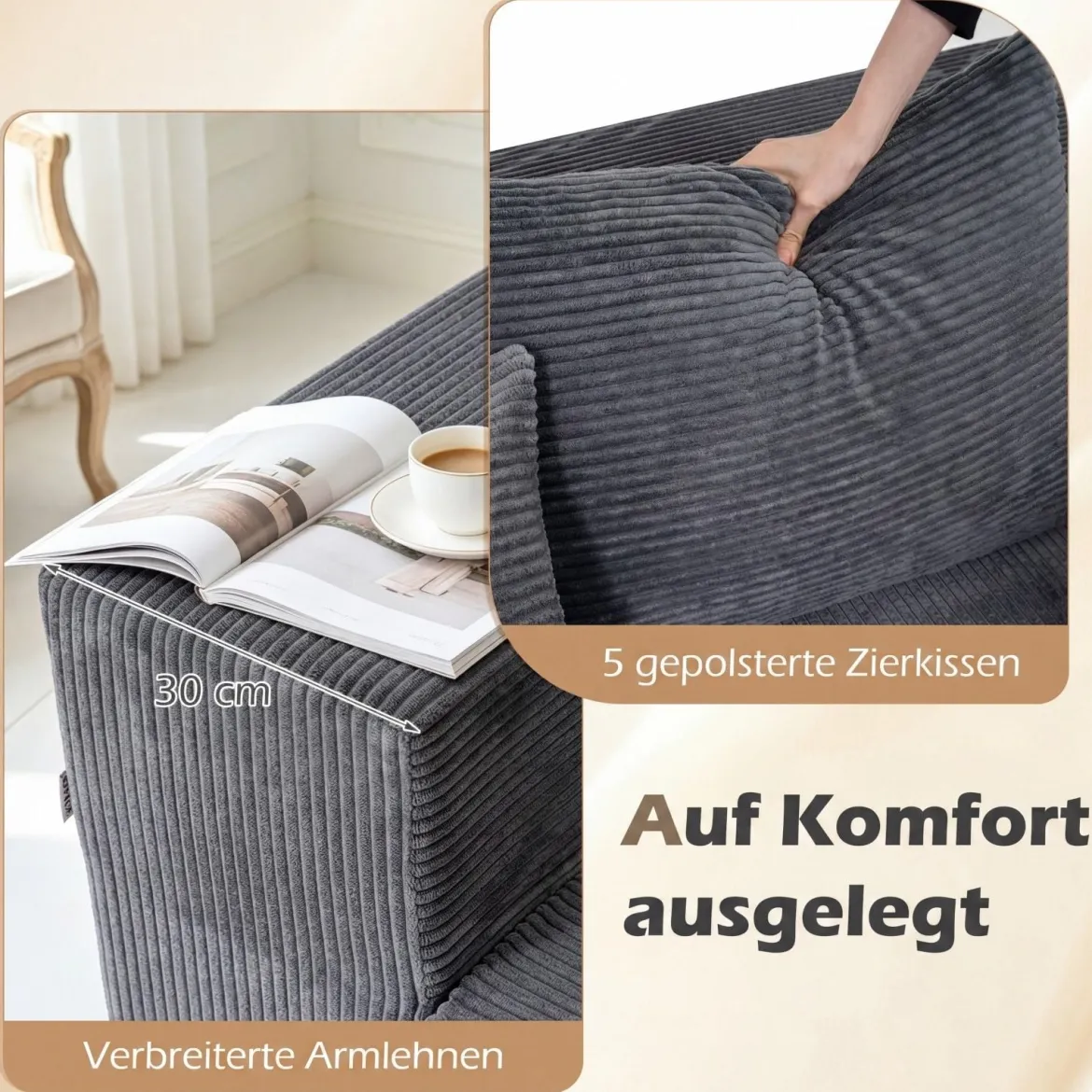 L-förmiges Modulsofa für 4 Personen mit Chaiselongue bis 600 kg Belastbar 275 x 177 x 58 cm Grau