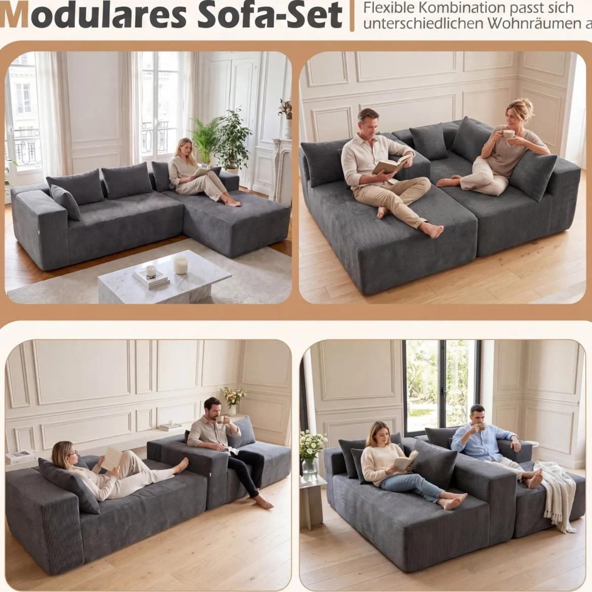L-förmiges Modulsofa für 4 Personen mit Chaiselongue bis 600 kg Belastbar 275 x 177 x 58 cm Grau