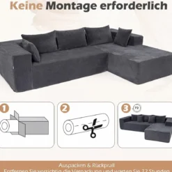 L-förmiges Modulsofa für 4 Personen mit Chaiselongue bis 600 kg Belastbar 275 x 177 x 58 cm Grau