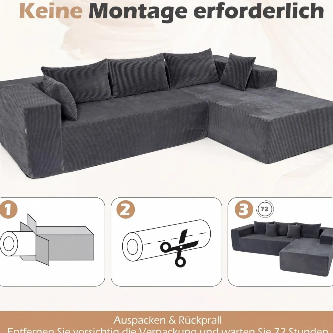 L-förmiges Modulsofa für 4 Personen mit Chaiselongue bis 600 kg Belastbar 275 x 177 x 58 cm Grau