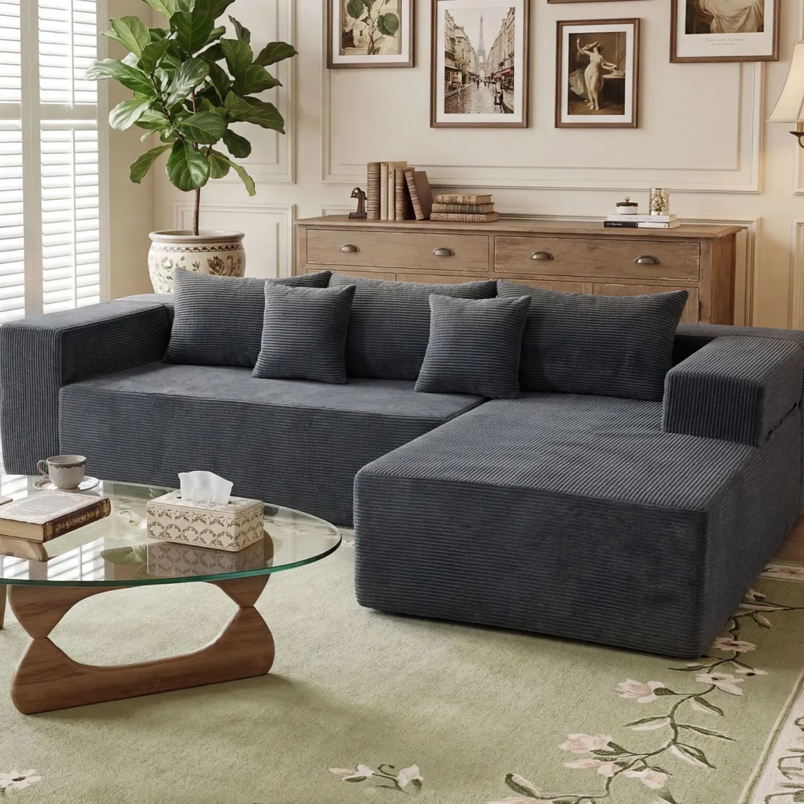 L-förmiges Modulsofa für 4 Personen mit Chaiselongue bis 600 kg Belastbar 275 x 177 x 58 cm Grau