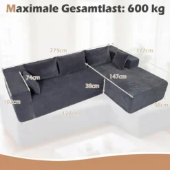 L-förmiges Modulsofa für 4 Personen mit Chaiselongue bis 600 kg Belastbar 275 x 177 x 58 cm Grau