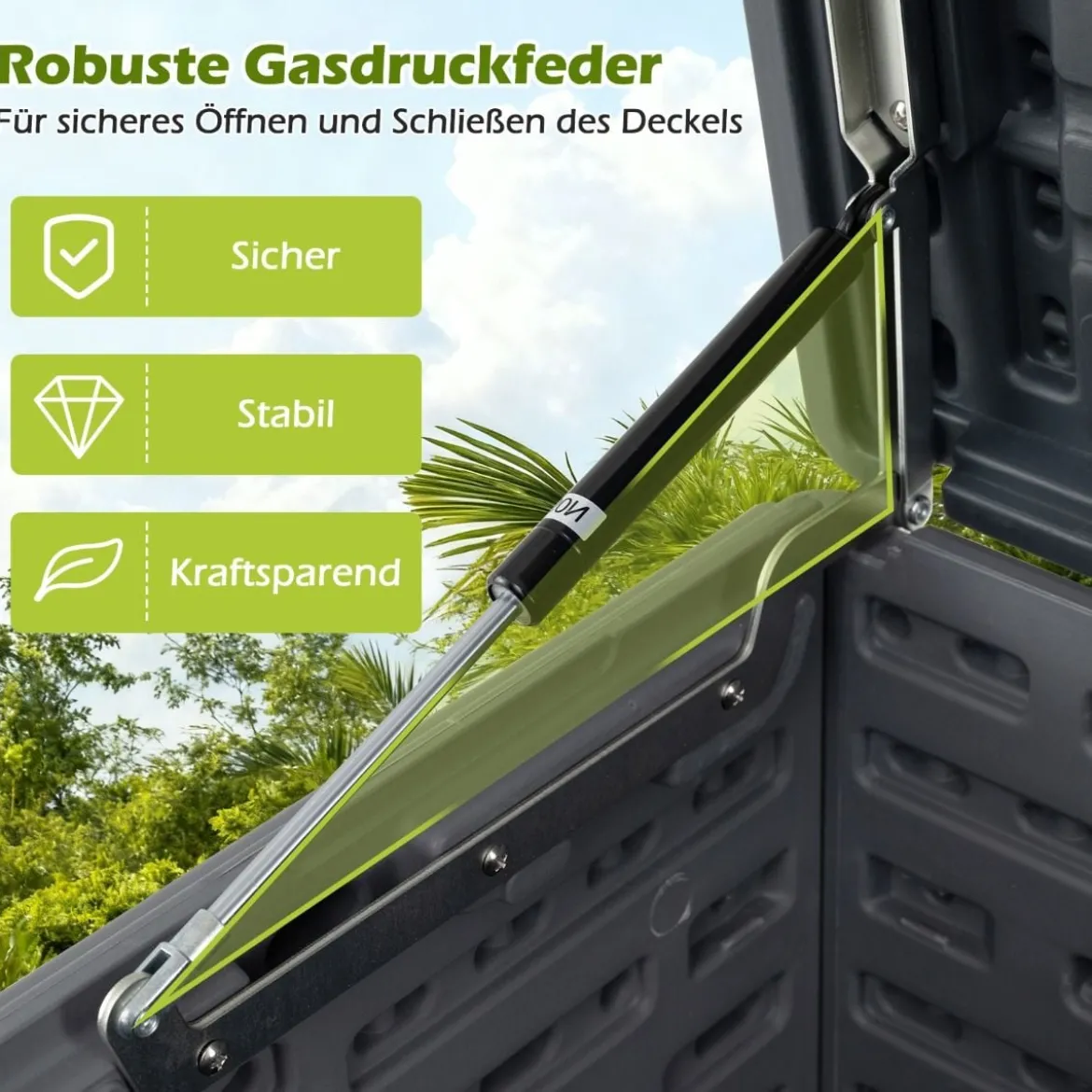 300 L Gartenbox großer HDPE-Aufbewahrungsbox mit Gasdruckfedern & abschließbarem Deckel Grau
