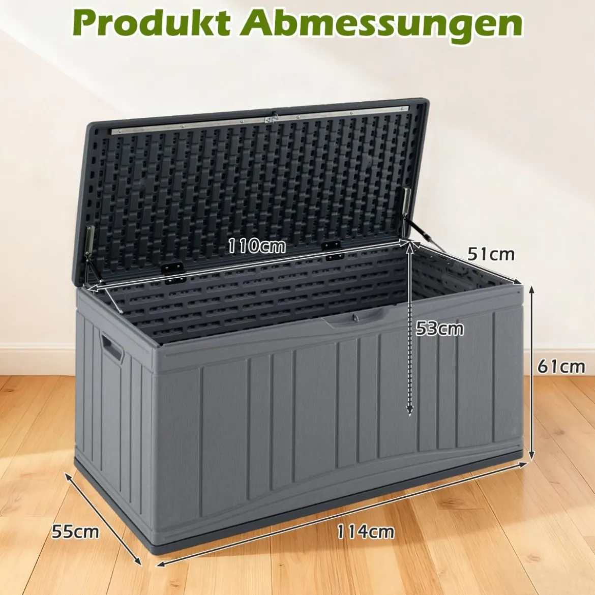 300 L Gartenbox großer HDPE-Aufbewahrungsbox mit Gasdruckfedern & abschließbarem Deckel Grau