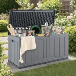 300 L Gartenbox großer HDPE-Aufbewahrungsbox mit Gasdruckfedern & abschließbarem Deckel Grau