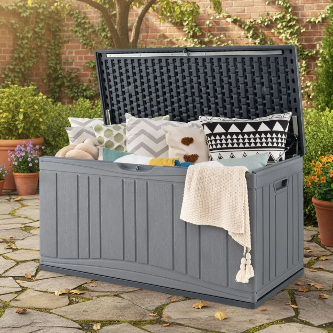 300 L Gartenbox großer HDPE-Aufbewahrungsbox mit Gasdruckfedern & abschließbarem Deckel Grau