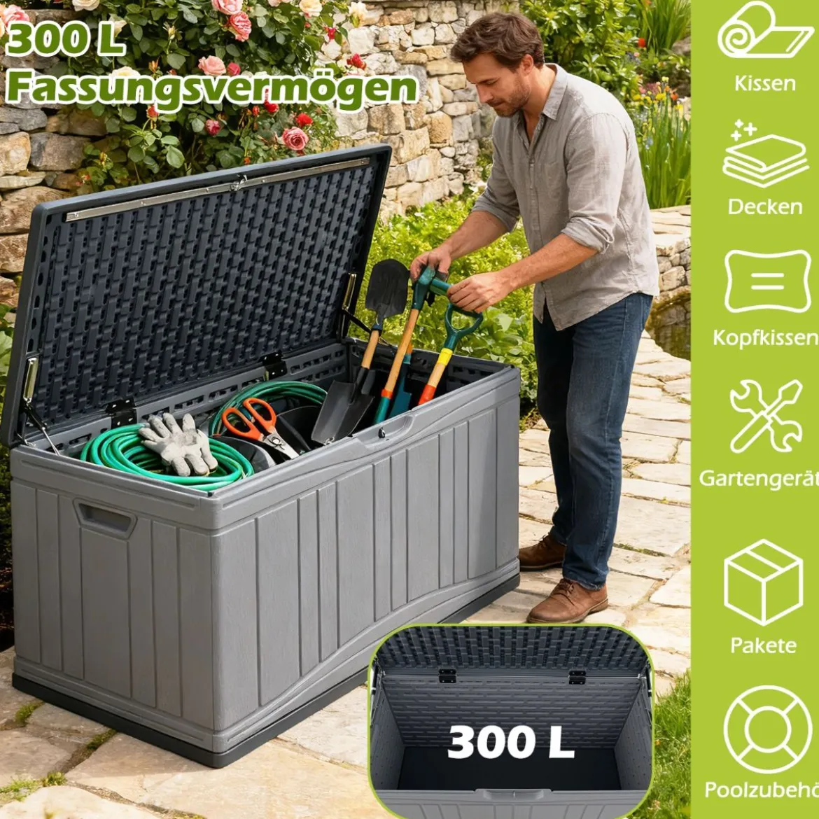 300 L Gartenbox großer HDPE-Aufbewahrungsbox mit Gasdruckfedern & abschließbarem Deckel Grau