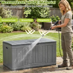 300 L Gartenbox großer HDPE-Aufbewahrungsbox mit Gasdruckfedern & abschließbarem Deckel Grau