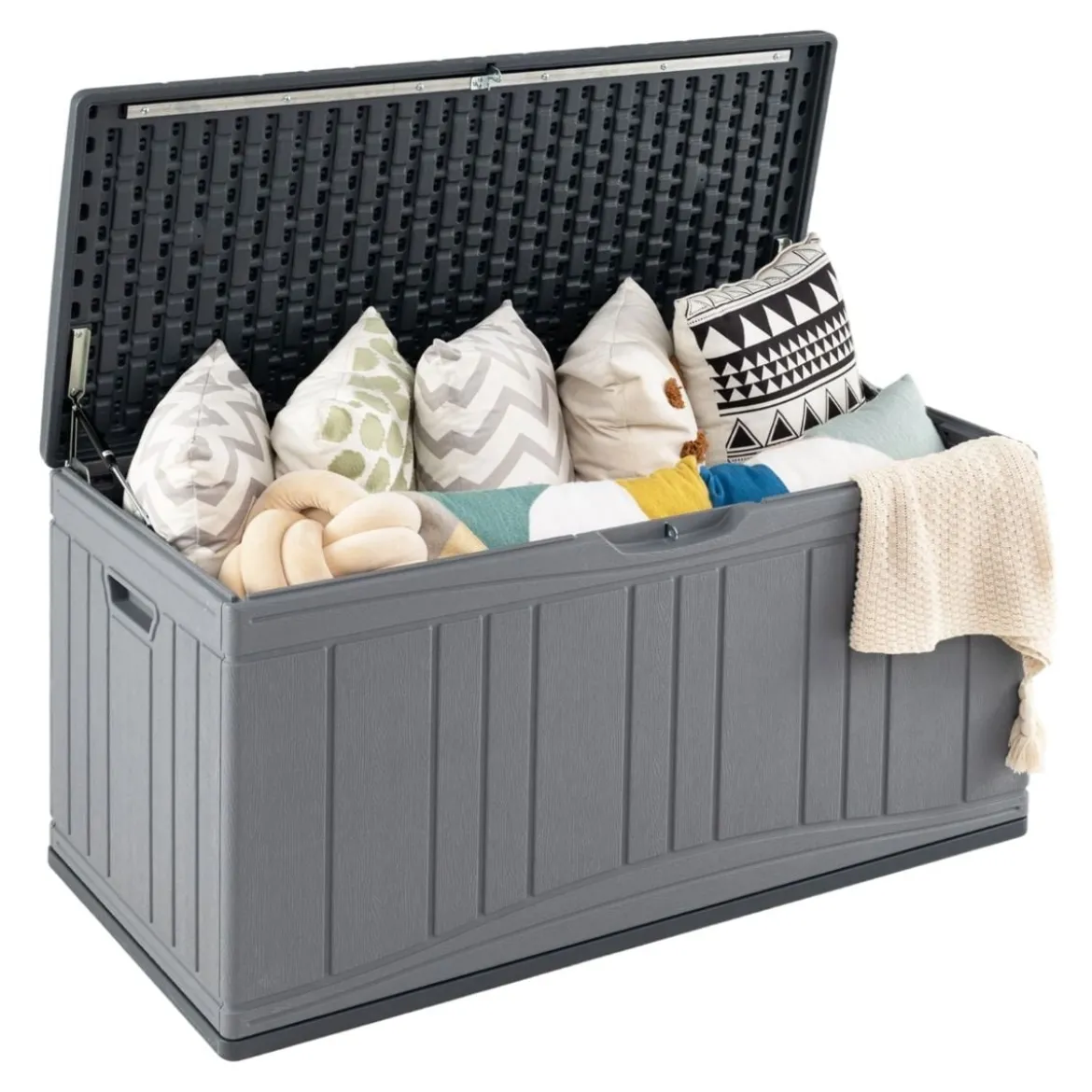 300 L Gartenbox großer HDPE-Aufbewahrungsbox mit Gasdruckfedern & abschließbarem Deckel Grau