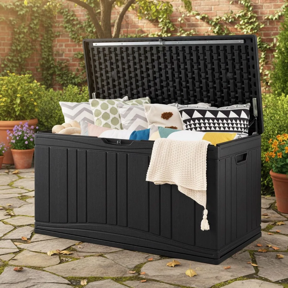 300 L Gartenbox großer HDPE-Aufbewahrungsbox mit Gasdruckfedern & abschließbarem Deckel Schwarz
