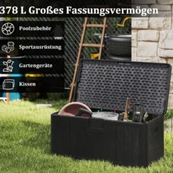 378 L Gartenbox mit Abschließbarem Deckel Wasserdichte Auflagenbox Aufbewahrungsbox Schwarz