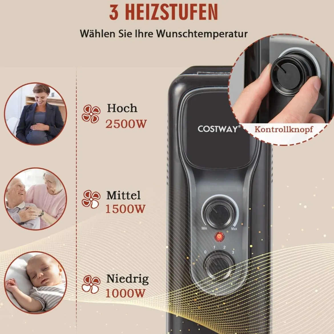 Ölgefüllter Heizkörper Tragbare Elektroheizung mit 3 Heizstufen 50 x 24 x 62 cm Schwarz