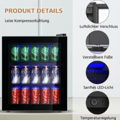 46L Getränkekühlschrank mit Glastür Flaschenkühlschrank 44,5 x 46 x 49,5 cm Schwarz