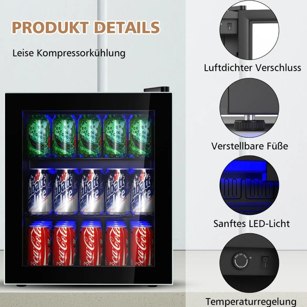 46L Getränkekühlschrank mit Glastür Flaschenkühlschrank 44,5 x 46 x 49,5 cm Schwarz