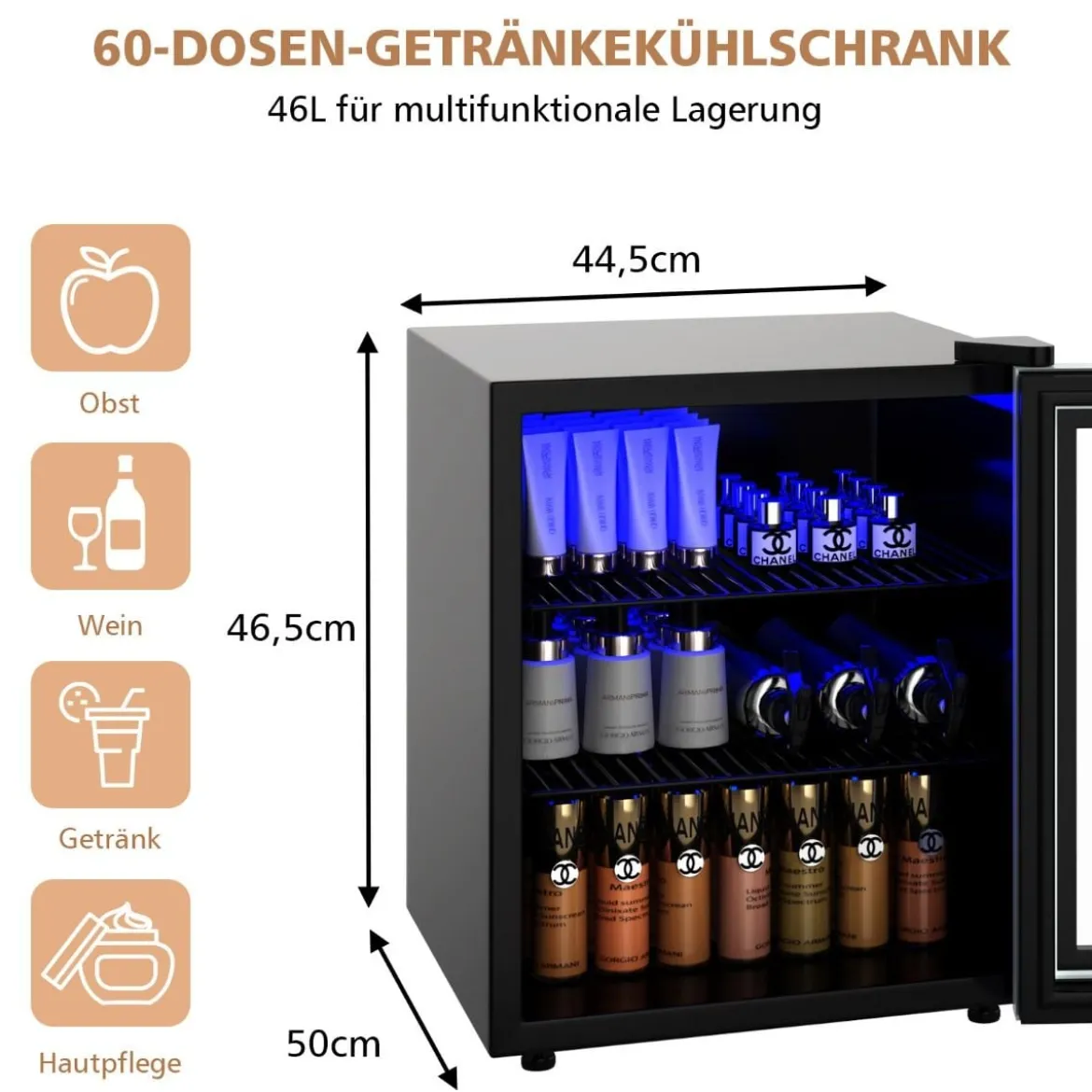 46L Getränkekühlschrank mit Glastür Flaschenkühlschrank 44,5 x 46 x 49,5 cm Schwarz