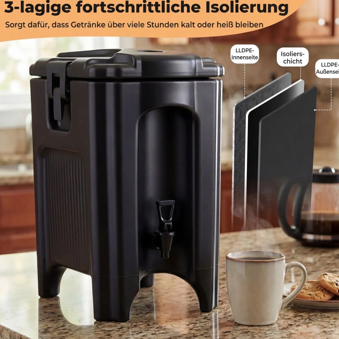 16,5 L Getränkespender mit Zapfhahn Heiß- & Kaltgetränkespender Stapelbare Isolierkanne Schwarz