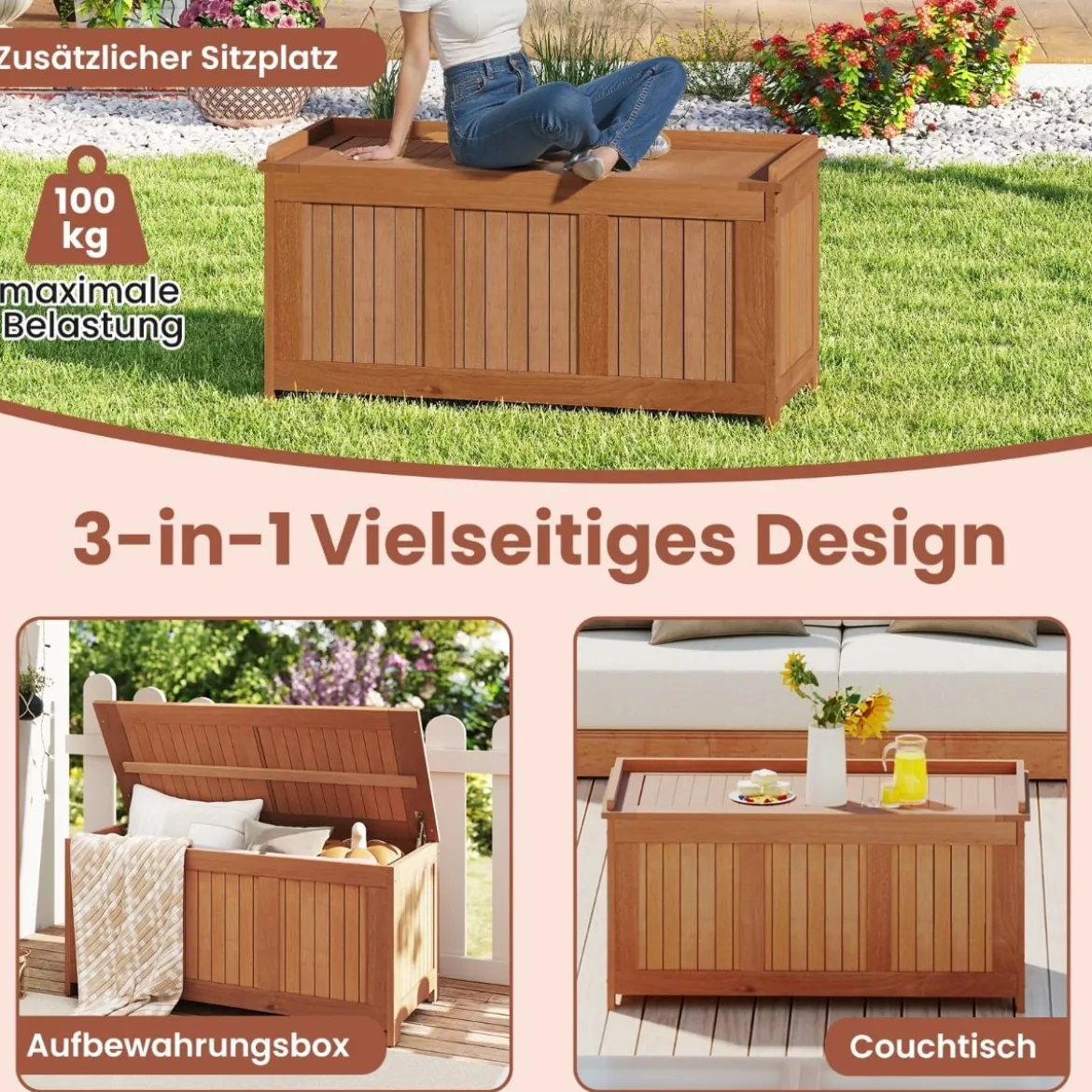 220L Holz Gartenbox mit Deckel Holztruhe bis 150 kg Belastbar Auflagenbox Aufbewahrungsbox