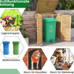 120 L Holz Mülltonnenhaus mit Öffnendem Deckel & Doppeltüren & Abschließbarem Riegel