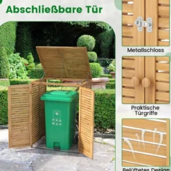 120 L Holz Mülltonnenhaus mit Öffnendem Deckel & Doppeltüren & Abschließbarem Riegel